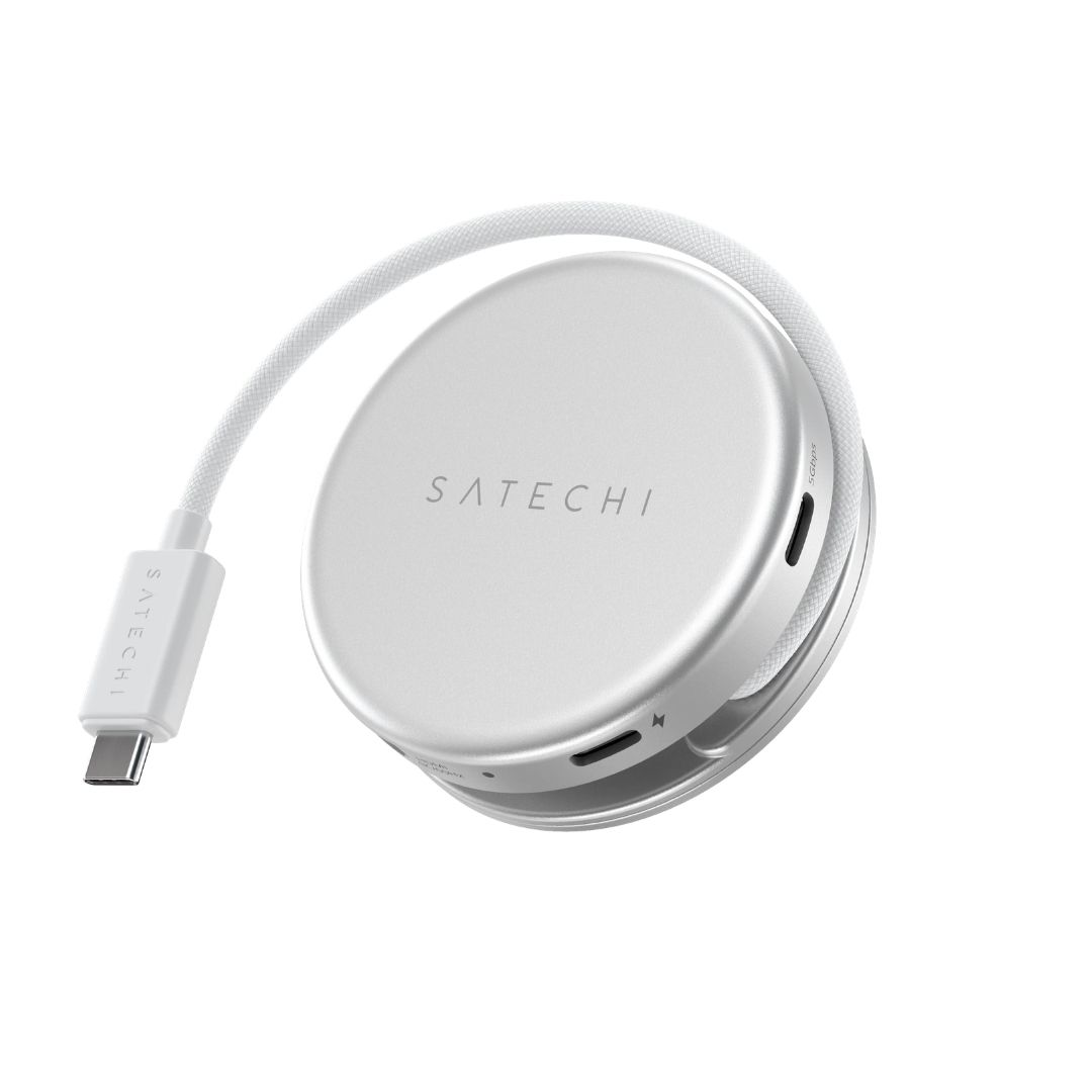 Satechi OntheGo 5 in 1 Multiport Adaptör Gümüş ST-POTG5S entegre USB-C kablolu üst görünüm